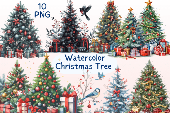 Christmas Watercolor Tree Clipart for Festive Designs