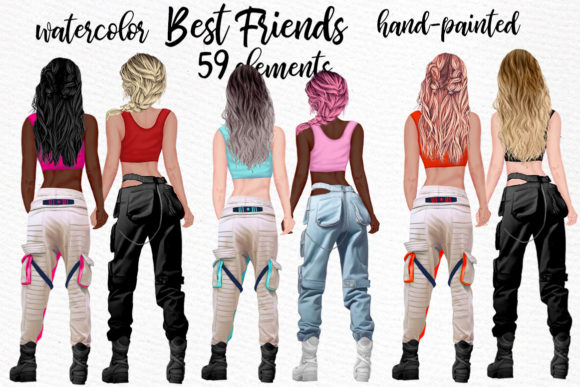 Girls Clipart Best Friend Clipart: Hand-Painted Watercolor Design Assets